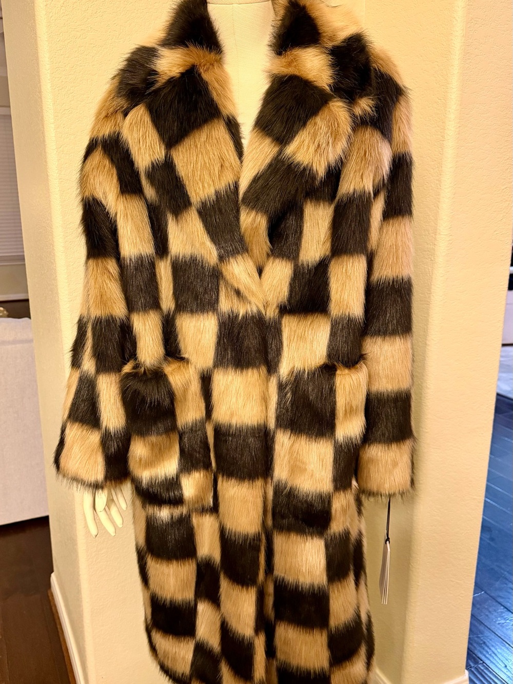UGG Luxury Checkered Faux Fur Long Coat in Brown & Black